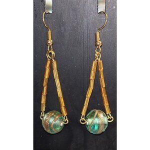Jewelry‎ Lampwork GREEN Glass Bead Dangle Pierced Earrings Gold Tone 2.25"